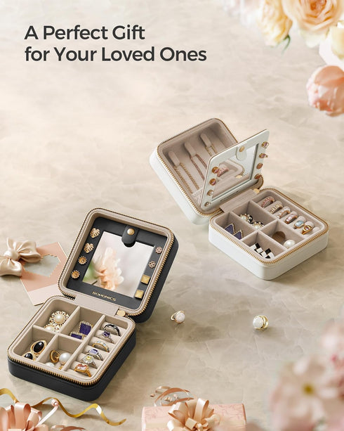SONGMICS Jewelry Box, 4.5 x 4.5 x 2.2 Inches Travel Jewelry Box with Interior Mirror, PU Leather Jewelry Storage for Women, Small Jewelry Organize...