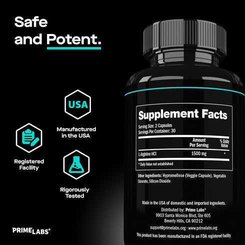 Prime Labs L Arginine Nitric Oxide - with L-Arginine 1500mg - Supports Blood Flow, Energy, Strength, Endurance - 60 Capsules...