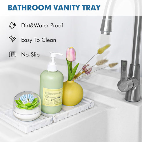 Bloss Silicone Bathroom Tray with Soap Holder - 7.9" Marble Vanity Trays for Bathroom Counter, Soap Dispenser Tray with Sponge Holder, Toilet Tank...