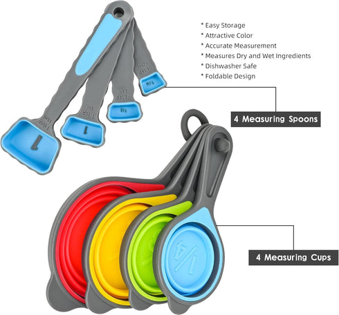 Collapsible Measuring Cups and Spoons Set, Silicone Kitchen Dry Measuring Set, Cute Camping Measure Cups...