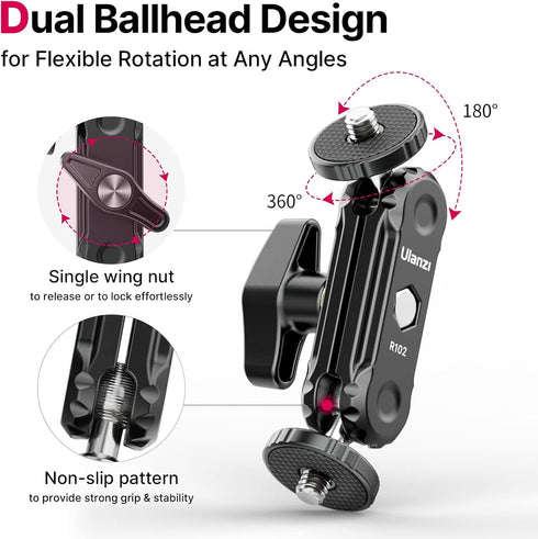 ULANZI Magic Arm with Double Ballhead 1/4" Screw, Compatible with Universal Monitor Mount for Camera, Video Shooting Photography Accessories Micro...