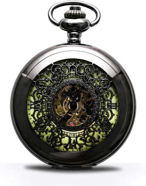 BOSHIYA Vintage Mechanical Pocket Watches for Men Luminous Steampunk Pocket Watch with Chain Black Skeleton Dial Roman Numberals Pocketwatch Gifts...