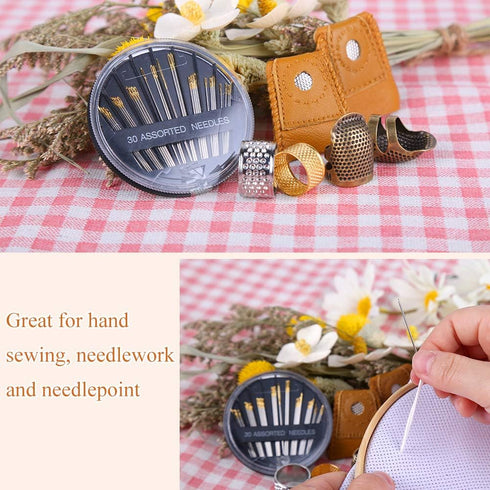 8 Pcs Thimble + 30 Pcs Sewing Needles, Finger Protector Fingertip Adjustable Metal Bronze Rings and Leather Coin Thimble for Needlework, Hand Embr...