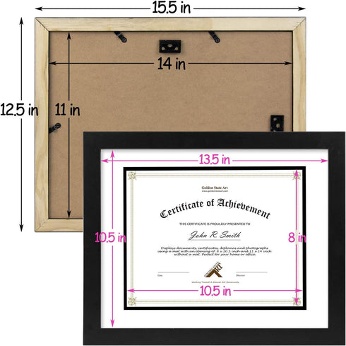Golden State Art, 11x14 Diploma Frame for 8.5x11 Document & Certificates with Mat, Or 11x14 Without Mat, Real Glass, Double Mat (Black with White/...