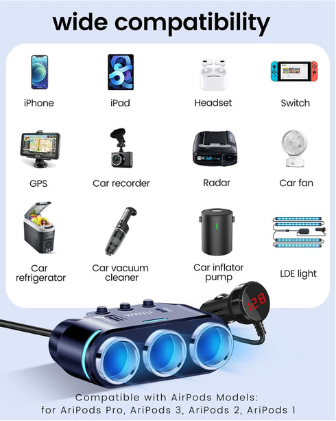 YANTU Cigarette Lighter Adapter, Car Charger Adapter 3 Socket Cigarette Lighter Splitter with LED Voltage Display PD/QC 3.0 Charger On/Off Switche...