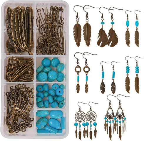 SUNNYCLUE 1 Box DIY 8 Pairs Bohemian Feather Dream Catcher Earring Making Kit Antique Bronze Feather Charm Connector, Turquoise Gemstone Beads, Ea...