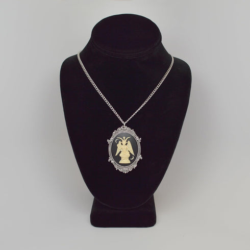 Sitting Satanic Baphomet Cameo In Silver Finish Frame Necklace Pendant Ivory on Black...