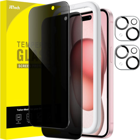 JETech Privacy Screen Protector for iPhone 15 6.1-Inch with Camera Lens Protector, Anti-Spy Tempered Glass Film, Easy Installation Tool, 2-Pack Ea...