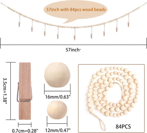 Wall Hanging Photo Display with Wooden Beads Garland, Collage Picture Frame for Boho Wall Decoration, Photo Holders with 9 Wood Clips, for Rustic ...