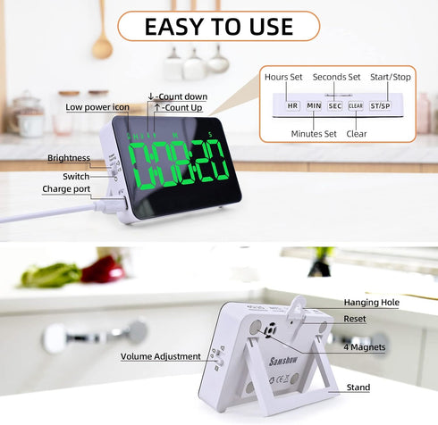 Rechargeable Digital Kitchen Timer for Cooking, Magnetic Timers with Countdown/up, Kids Timer with 5”LED Display 3 Brightness 4 Volume Adjustable ...