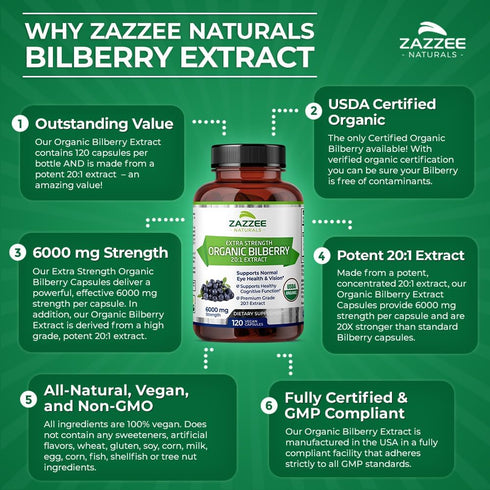 Zazzee USDA Organic Bilberry 20:1 Extract, 6000 mg Strength, 120 Vegan Capsules, 4 Month Supply, Standardized and Concentrated 20X Extract, 100% V...