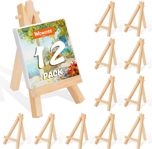 WOWOSS 12 Pack 5" Mini Wood Display Easel, Natural Wooden Tripod Holder Stand for Displaying Small Canvases, Business Cards, Photos...