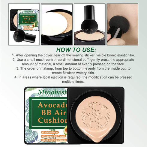 BB Mushroom Air Cushion, Avocado BB/CC Cream, All-Day Lasting Nude Foundation, Even Skin Tone Makeup Base, Easy to Apply, Thin, Moist...