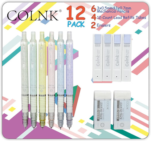 COLNK Mechanical Pencil Set with Lead and Erasers, 6 Cute Drawing Mechanical Pencils 0.5 & 0.7mm, with 4 Tubes of HB Lead Refills and 2 Extra Eras...