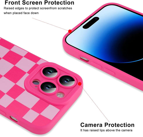 ZIYE for iPhone 14 Pro Max Case Hot Pink Grids Plaid Checkerboard Pattern Phone Case with Camera Protection,Soft TPU Silicone Rubber Protective Co...
