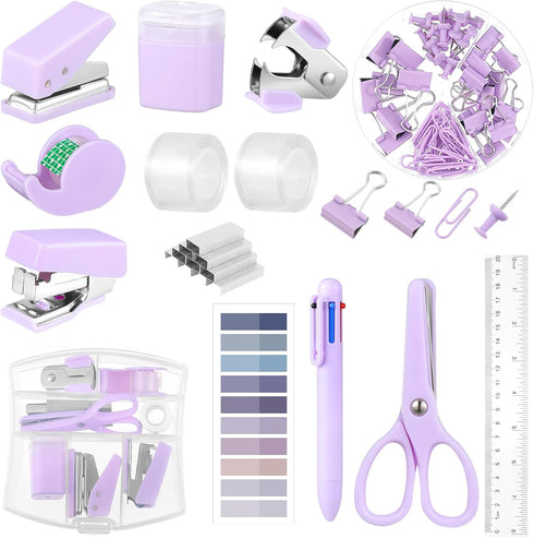 Mini Office Supplies, Purple School Supplies with Sticky Notes,Mini Stapler,Tape Dispenser,Hole Punch,Staple Remover,Staples,Clips,Scissor,Pen (Pu...