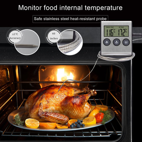 Kitchen Instant Read Meat Thermometer, Digital Candy Cooking Smoker Oven Thermometer, BBQ Timer Clock Grill with Stainless Steel Food Probe, Silve...
