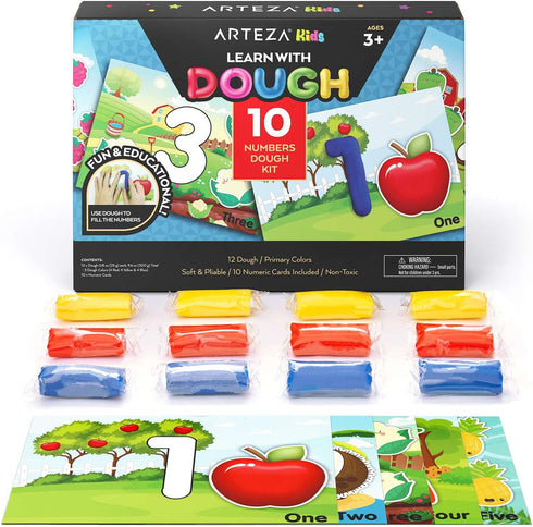 Arteza Kids Play Dough, Number Learning Dough Clay Kit, 12 Pieces, 0.8 oz, Red, Yellow, and Blue, 10 Numeric Cards, Art Supplies for Kids...