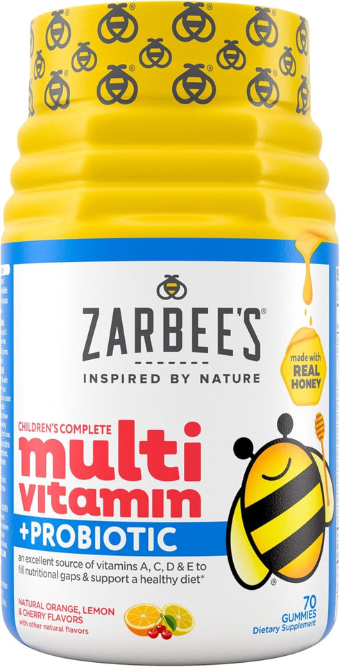 Zarbee's Kid's Complete Daily Multivitamin + Probiotic Gummies with Vitamins A B C D E & zinc for Digestive Health Easy To Chew, Natural Fruit 70 ...