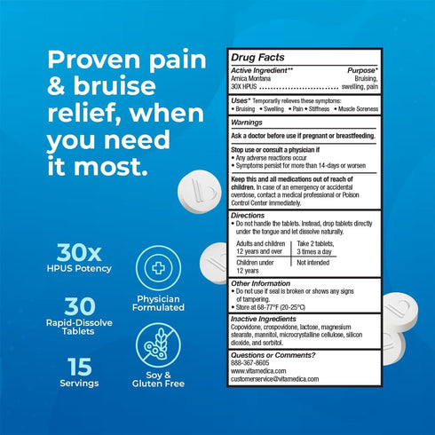 Arnica Montana 30X HPUS, Clinical Grade, Quick Dissolve Tablets, Five-Day Recovery Pack for Pain and Bruise Relief After Surgery or Injury, Natura...