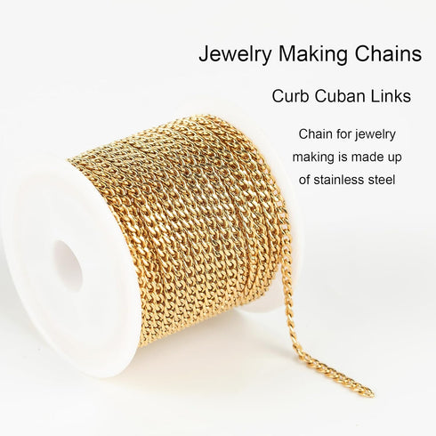 Jabogrii 16.4 Feet Gold Stainless Steel Chain for Jewelry Making Oval Curb Cuban Jewelry Making Chains with Lobster Clasps and Open Jump Rings...