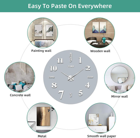 VREAONE Frameless DIY Wall Clock,Large Modern 3D Mirror Wall Clock Decor Sticker Clock kit for Home Living Room Bedroom Office Wall Decorations(Si...