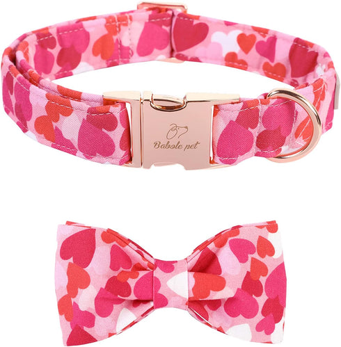 Valentine's Day Dog Collar with Bow Tie, Cotton Love Pink Dog Collar Girl Dog Collar Adjustable Cute Dog Collar with Safety Metal Buckle as Pet Gi...