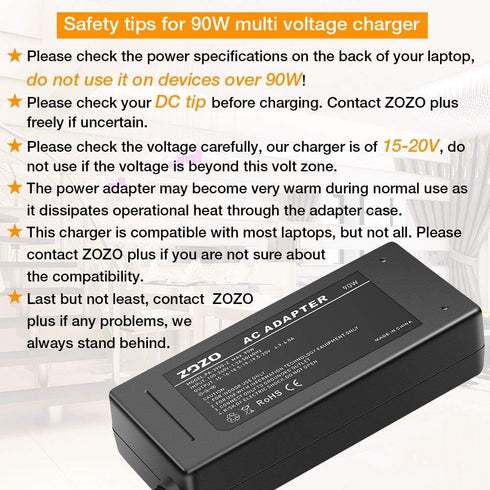 ZOZO Universal Laptop Charger 90W AC Adapter for HP Dell Gateway Toshiba Lenovo Acer ASUS Samsung Sony Ultrabook Chromebook DC Output 12V 16V 18.5...