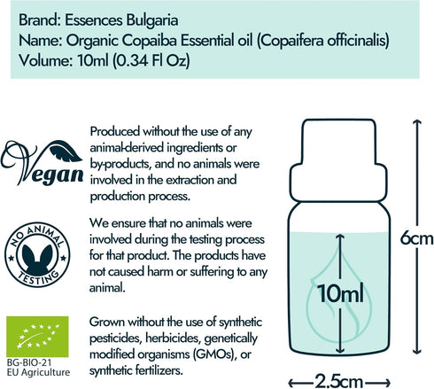 Essences Bulgaria Organic Copaiba Essential Oil 0.34 Fl Oz 10ml Copaifera officinalis - 100% Pure Natural Undiluted Therapeutic Grade Aromatherapy...