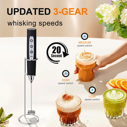 YUSWKO Black Handheld Milk Frother Wand with Stand for Coffee, Rechargeable Electric Whisk with 3 Heads 3 Speeds Drink Mixer Coffee Frother For La...