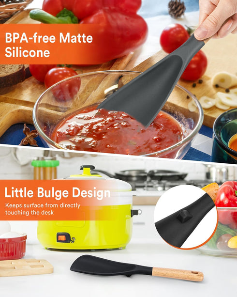 Cooking Spoon for Nonstick Cookwares, Great for Cooking and Serving Durable BPA-Free Matte Silicone, Wood Handle Spoon for Mixing, Scoop, and Scra...