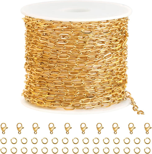 SMYHTGLIF 5 Meters Stainless Steel Paper Clip Chain for Jewelry Making Gold Cable DIY Craft Jewelry Making Chains Bulk with Lobster Clasps and Ope...