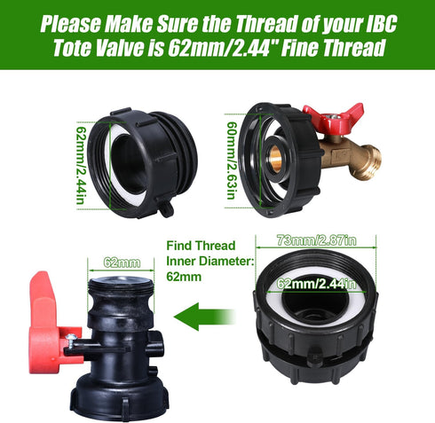 IBC Tote Adapter, 275-330 Gallon ibc tote fittings 2.44" Fine Thread Tote Valve Lead-Free Brass Hose Faucet Valve Tool with Ball Valve for Garden ...