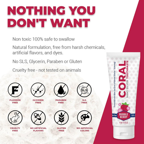 Coral Nano Silver Bubble Berry Kids Toothpaste, Natural Fluoride Free Teeth Whitening Toothpaste, Coral Calcium Nano Silver Infused SLS Free - 4 O...