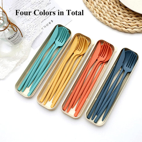 Plastic Travel Utensils, 4 Sets Camping Utensils Plastic Spoons and Forks Set Plastic Silverware, Portable Reusable Utensils Set with Case for Pic...