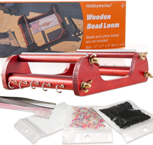 hobbyworker The Wooden Bead Loom Kit with Tweezer and 3 Bags Seed Beads for Jewelry Making Tool,Make Bracelets Necklaces Keychains and Belts...
