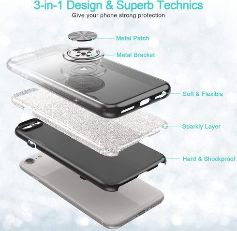 for iPhone SE 2020 Case Glitte,Slim Sparkly Case with 360°Ring Holder Kickstand Magnetic Car Mount Shock-Absorbent Sturdy Cover,for iPhone 8/7/SE ...