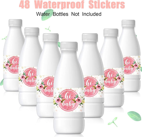 Zonon 48 Pieces Pink Baby Shower Water Bottle Labels Floral Baby Shower Decorations Waterproof Water Bottle Stickers Wrappers for Pink Floral Them...