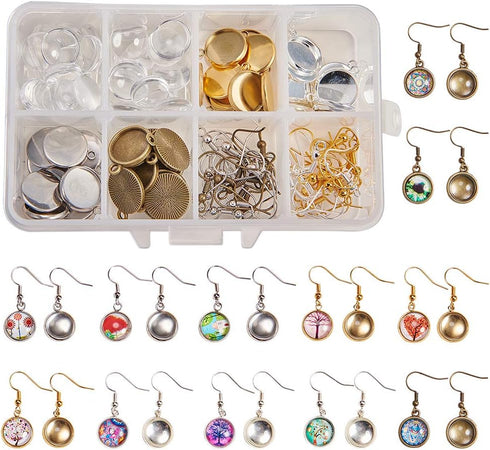 SUNNYCLUE 1 Box DIY 20 Pairs Cabochon Earrings Making Kit 40pcs Earring Bezel Earring Settings with 40pcs 12mm Clear Glass Cabochons, Earring Hook...