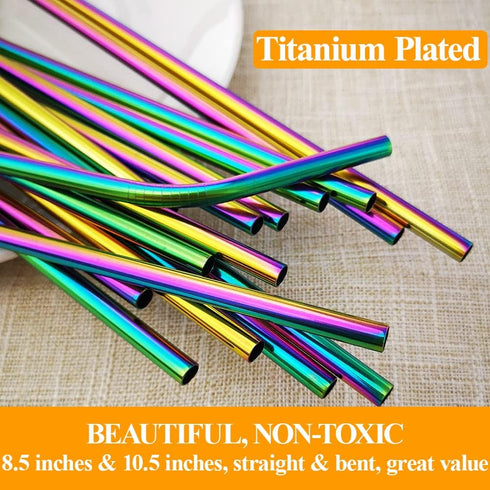 Lazycorner 16 Pcs Metal Straw Reusable 8.5" 10.5" 6mm Stainless Steel Straws for Tumblers 20oz-32oz, Rainbow Drinking Straws with Silicone Tips, 4...