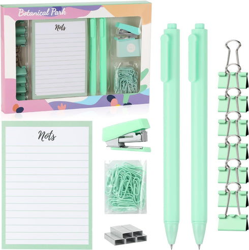 EooUooIP Desk Accessories Binding Set,Practical and Beautiful Green Office Supplies Set,Stapler Hole Puncher Paper Clips and Ballpoint Pen for Off...