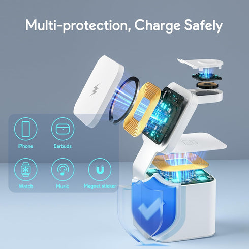 4 in 1 Magnetic Wireless Charging Station - 15W Fast Phone Charger Stand, Blue-Tooth Speaker, Phone and Watch Charger Station for iPhone 15 14 13 ...