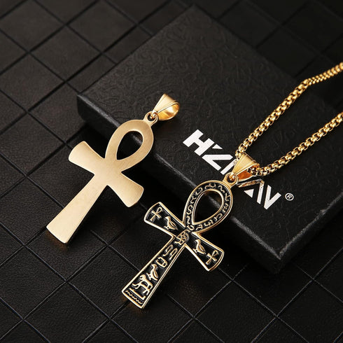 HZMAN Stainless Steel Large Ankh Cross Pendant Ancient Egyptian Hieroglyphic Symbol 22+2 Inch Chain...
