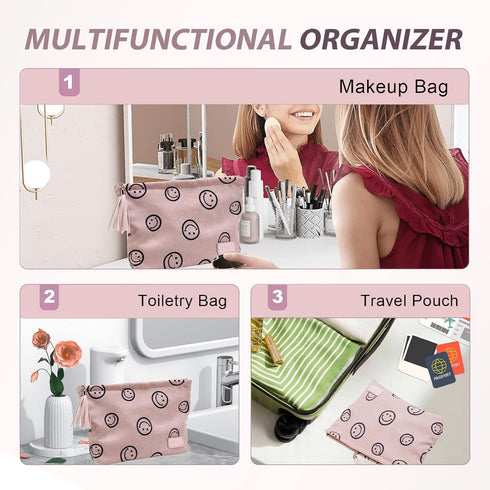 Makeup Pouch Small Cosmetic Bag: Cute Pouches for Purse with Tassel - Smiley Face Makeup Bags for Women Pink...