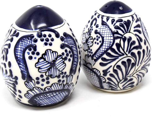 Encantada Handmade Hand-Painted Authentic Mexican Pottery, Salt and Pepper Shaker Set, Blue Flower (MC085F-K2)...