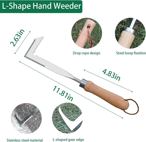 3 Pack Weed Puller Tool, Grandpas Weeder Tool, Manual Stainless Steel Weeding Tool, L-Shape Crack Sickle and 4 Teeth Weeder Tool with Gloves for L...