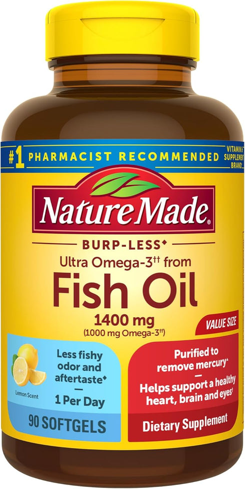 Nature Made Burp Less Ultra Omega 3 Fish Oil Supplements 1400 mg, Omega 3 Supplement for Healthy Heart, Brain and Eyes Support, One Per Day, 90 So...