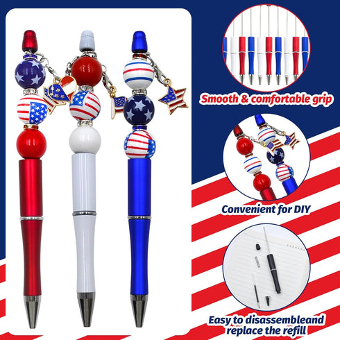 150 Pieces Independence Day Beadable Pens Kit - 4th of july Patriotic 50 Beaded Pens Bulk, Refills & Pen Bags Included - Bead Pens Black Ink Ballp...