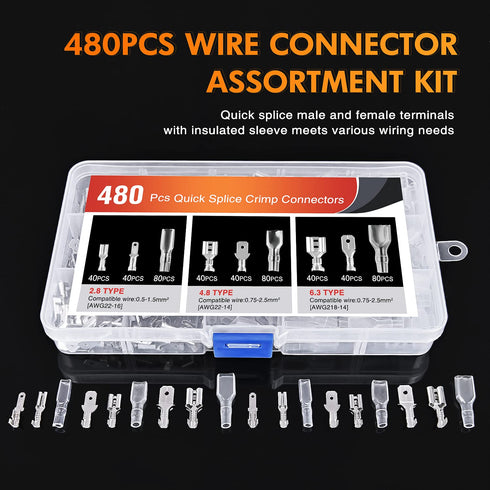 Nilight 480PCS Insulated Male Female Spade Terminals Quick Splice Assortment Tin Plated Open Barrel Copper Crimp Wire Connectors for 22-14 ga Elec...