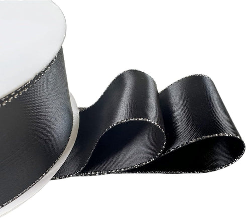 Black 1 1/2 inch 25 Yards Double Face Satin Ribbon with Silver Border for Gift Wrapping Weddings Party Invitation Decorations...